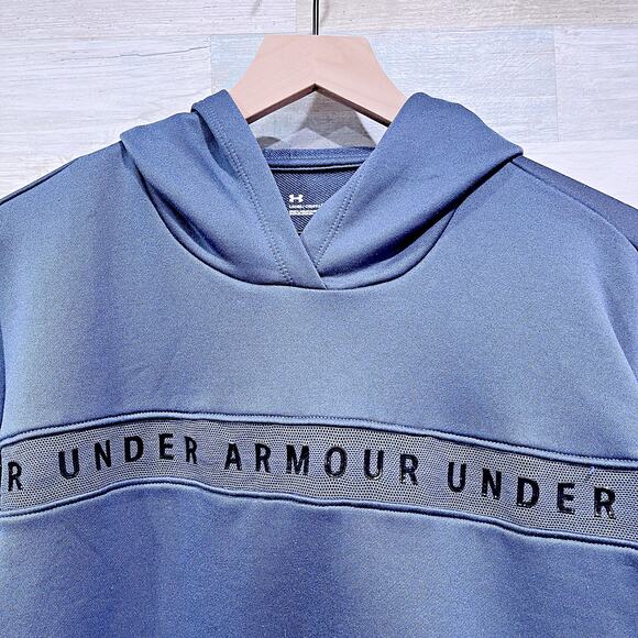 Under Armour Logo Stripe Tech Terry Hoodie Sweatshirt Blue Loose Womens Small - Picture 2 of 7